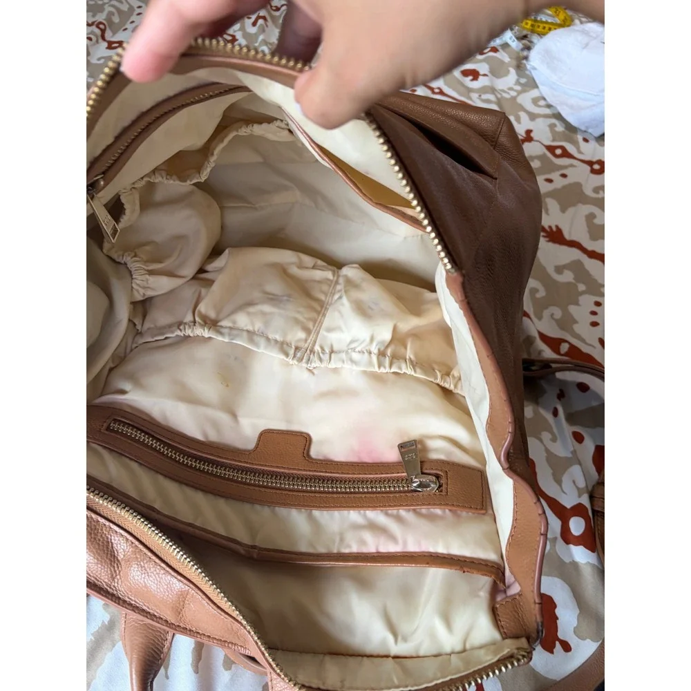 Mina Baie Stevie Tan Pebbled Leather Backpack Diaper Bag Gold Hardware